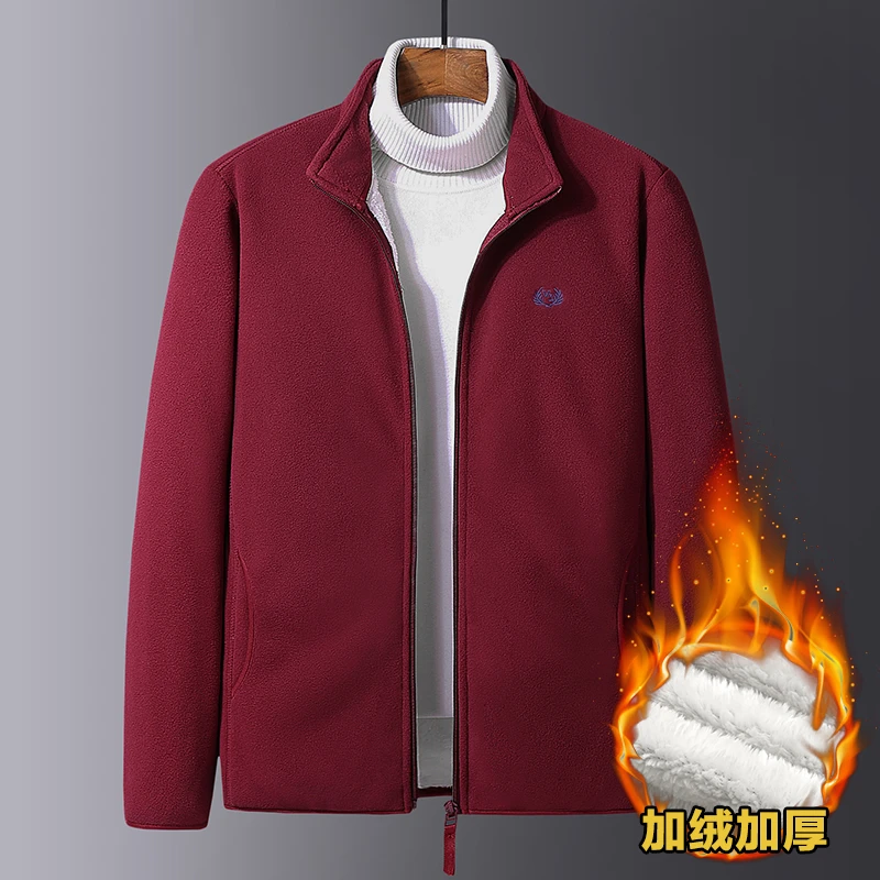 摇粒绒夹克男士秋冬爸爸装酒红色抓绒衣中老年宽松加绒保暖外套男