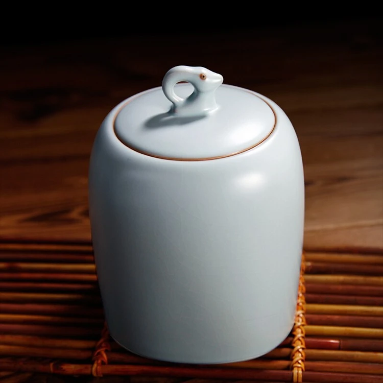 东道汝窑吉羊三两茶叶罐（天青）高档密封手工大号装茶储物茶叶罐
