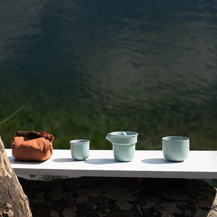 东道汝窑随心旅行组2022款（天青）简约户外旅行便携手工茶杯茶具