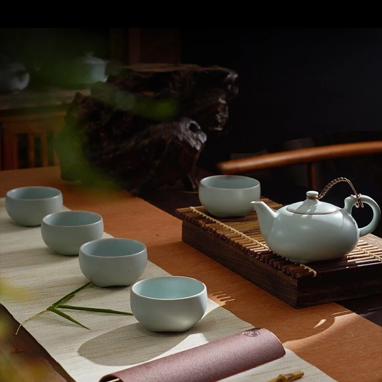 东道汝窑喜乐壶杯组(天青）手工高端茶具礼赠佳品礼盒套装