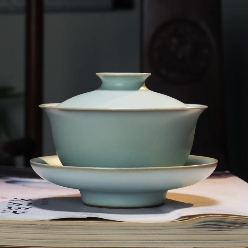 东道典藏东道汝窑福圆盖碗（天青）手工三才陶瓷泡茶碗天青色茶具