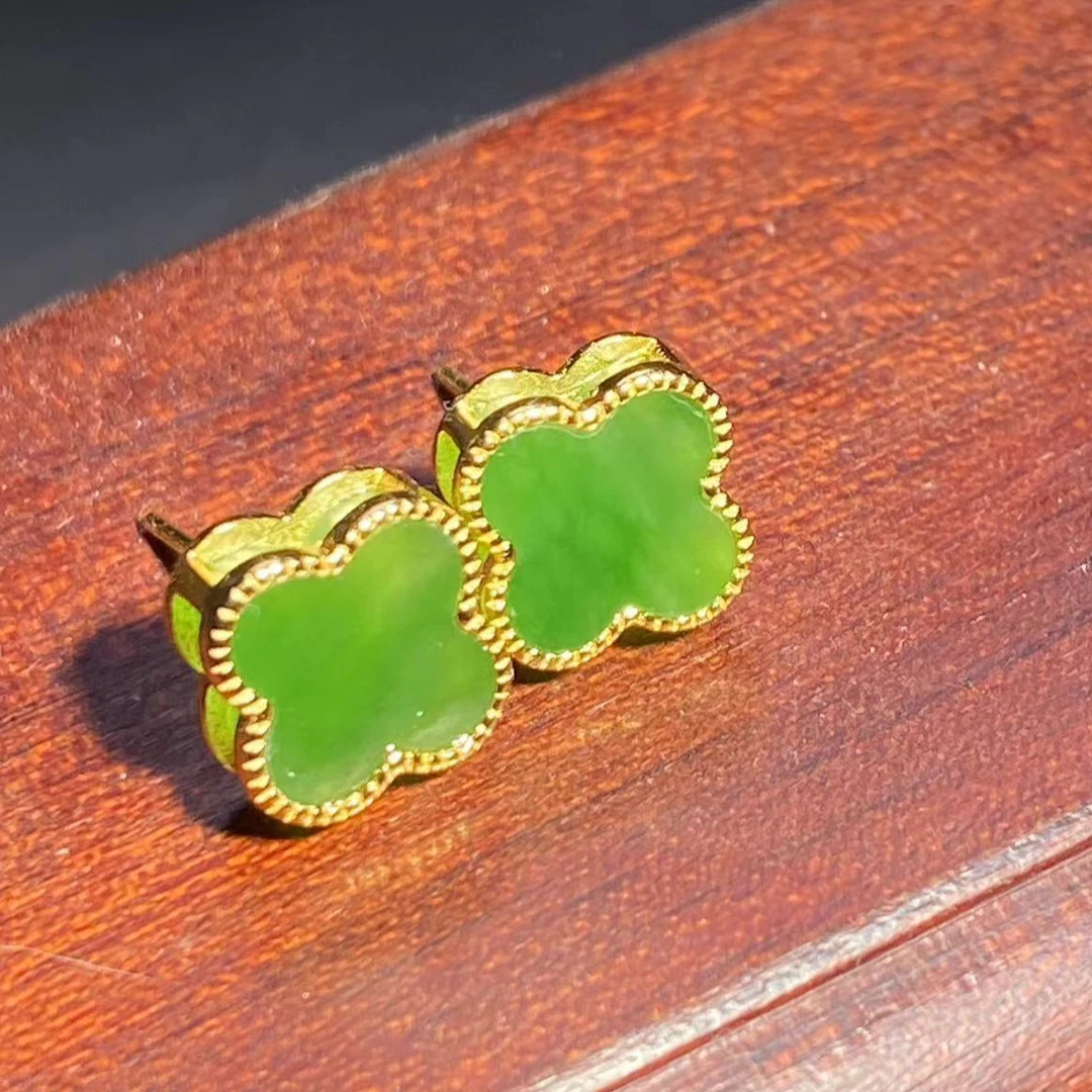 【标哥的手艺】天然和田玉俄罗斯碧玉四叶草耳钉女款果绿色拍一发一