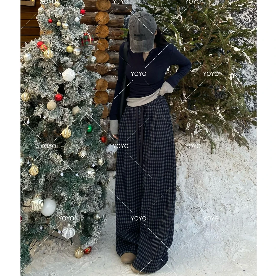 YOYO自制【蓝色小格子】加绒显瘦休闲宽松垂感拖地阔腿裤