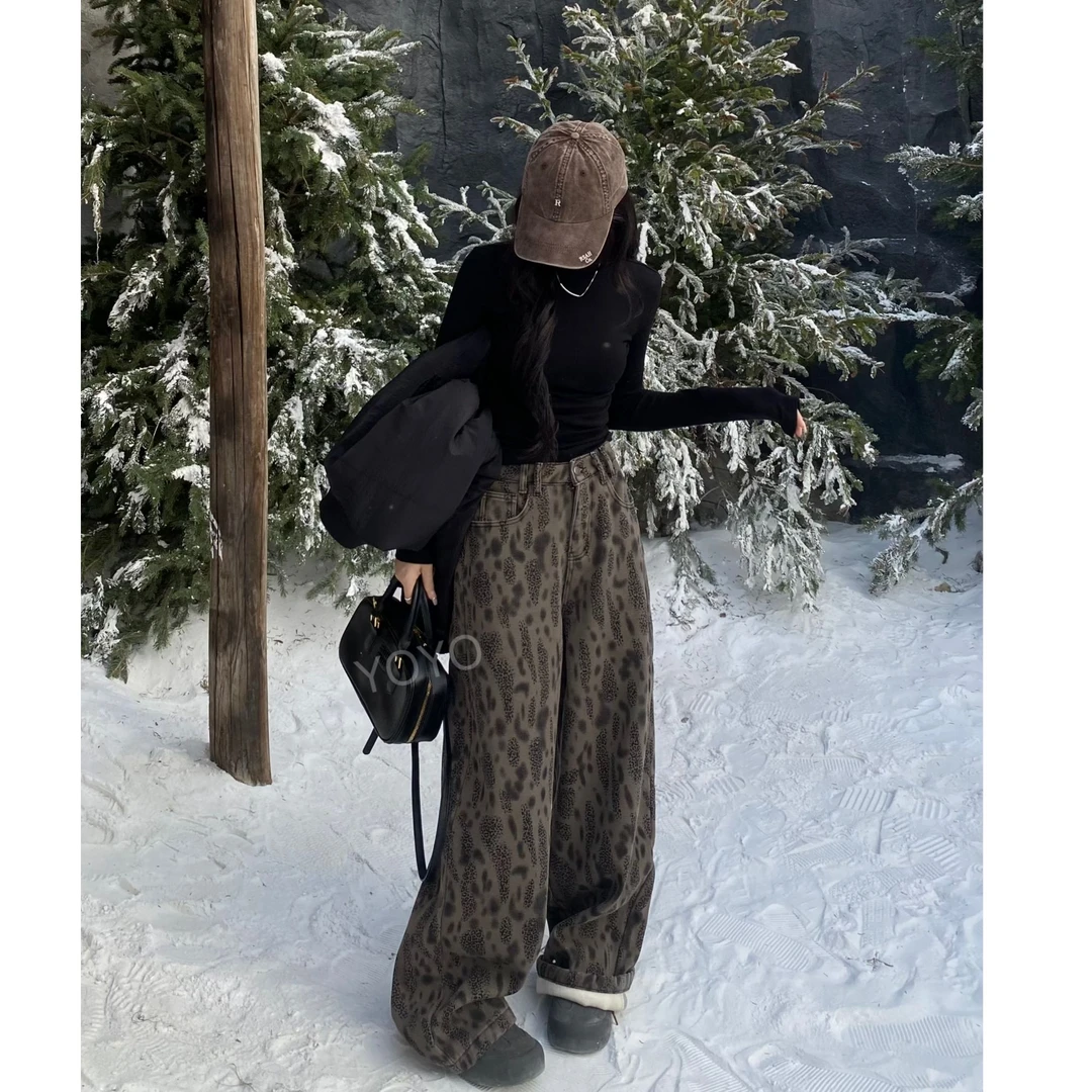 YOYO自制【咖啡豹】厚绒美式复古设计感豹纹印花牛仔阔腿拖地裤