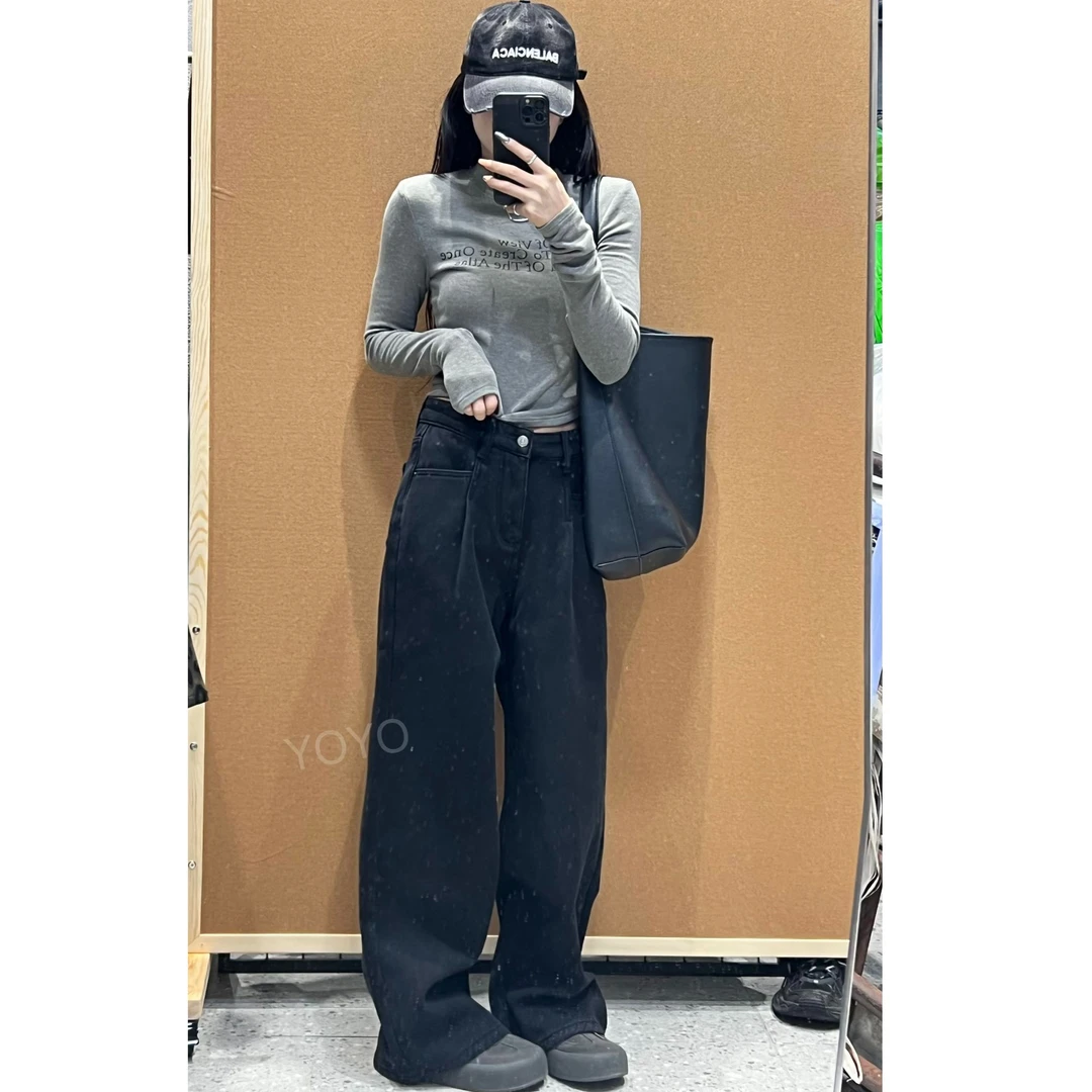 YOYO自制【厚绒黑色】厚绒显瘦百搭复古水洗牛仔拖地阔腿裤