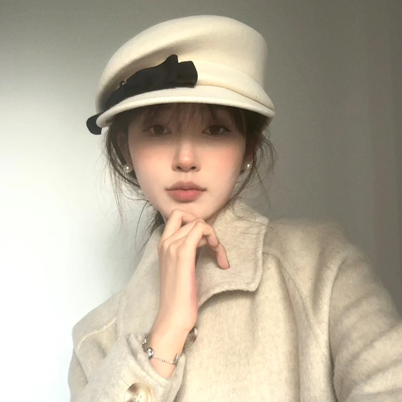 【猫仔kitten】千金风羊毛贝雷帽蝴蝶结礼帽气质画家帽子贝雷帽女