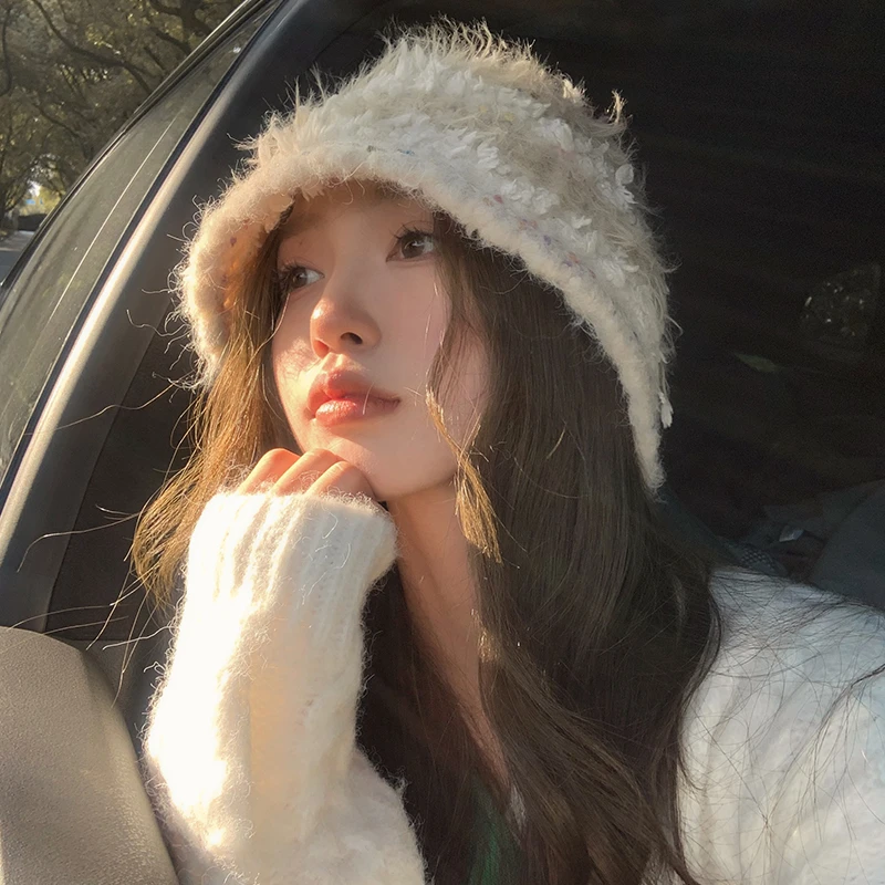 【猫仔kitten】毛绒盆帽大头围渔夫帽显脸小炸毛混色款针织帽子女