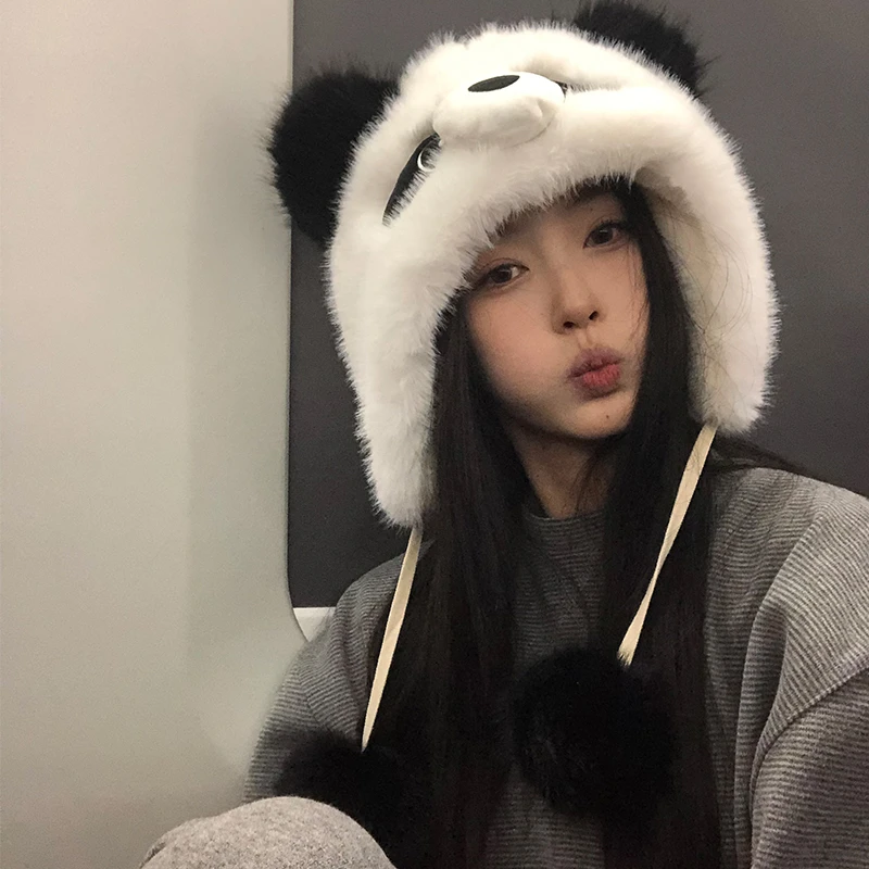 【猫仔kitten】可爱卡通熊猫帽子女冬季套头毛绒护耳保暖雷锋帽