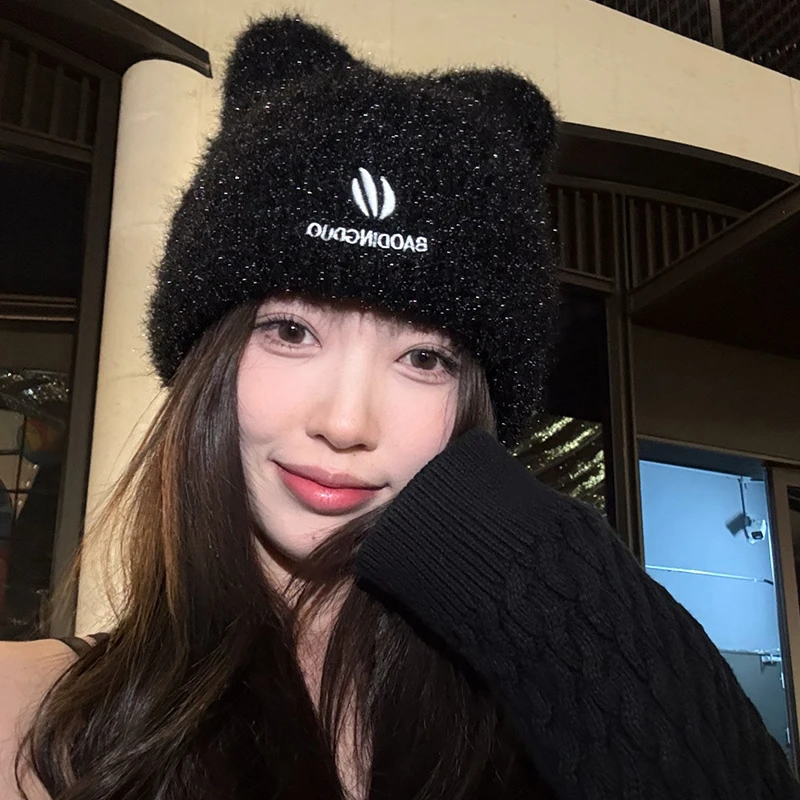 【猫仔kitten】可爱猫耳朵针织帽子女秋冬保暖外出百搭毛线套头帽