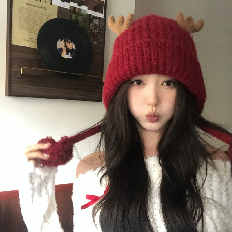 【猫仔kitten】鹿角少女新年红色氛围感针织帽女秋冬保暖套头帽