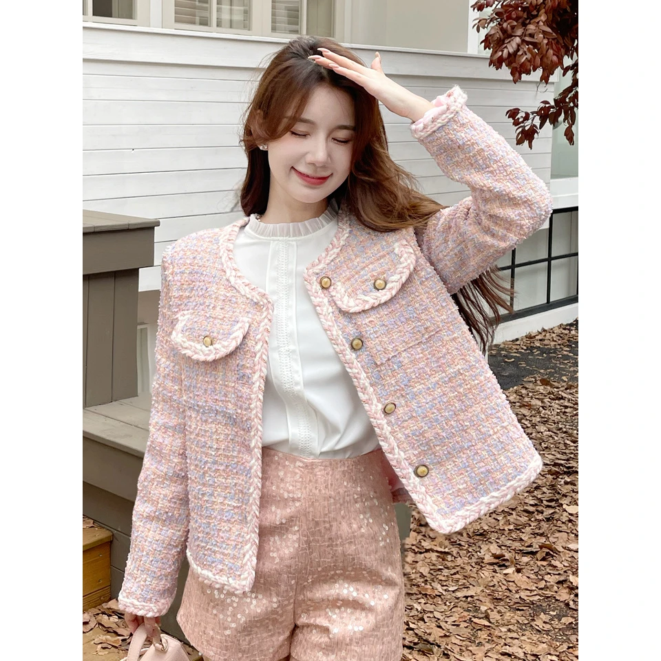 粉色小香风外套女装秋冬韩系甜美名媛风减龄粗花呢短款上衣