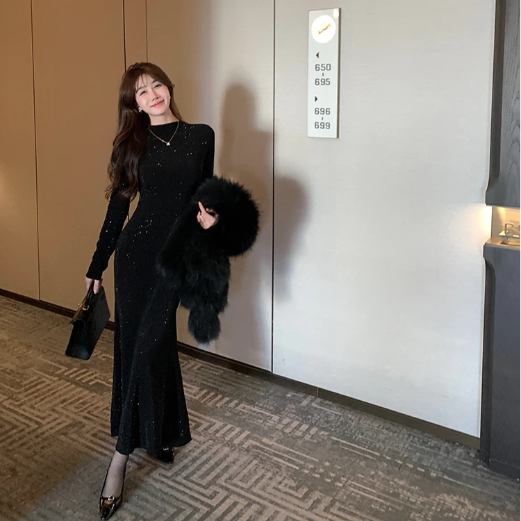 黑色亮钻时尚收腰包臀鱼尾女早秋高级气质修身长袖连衣裙