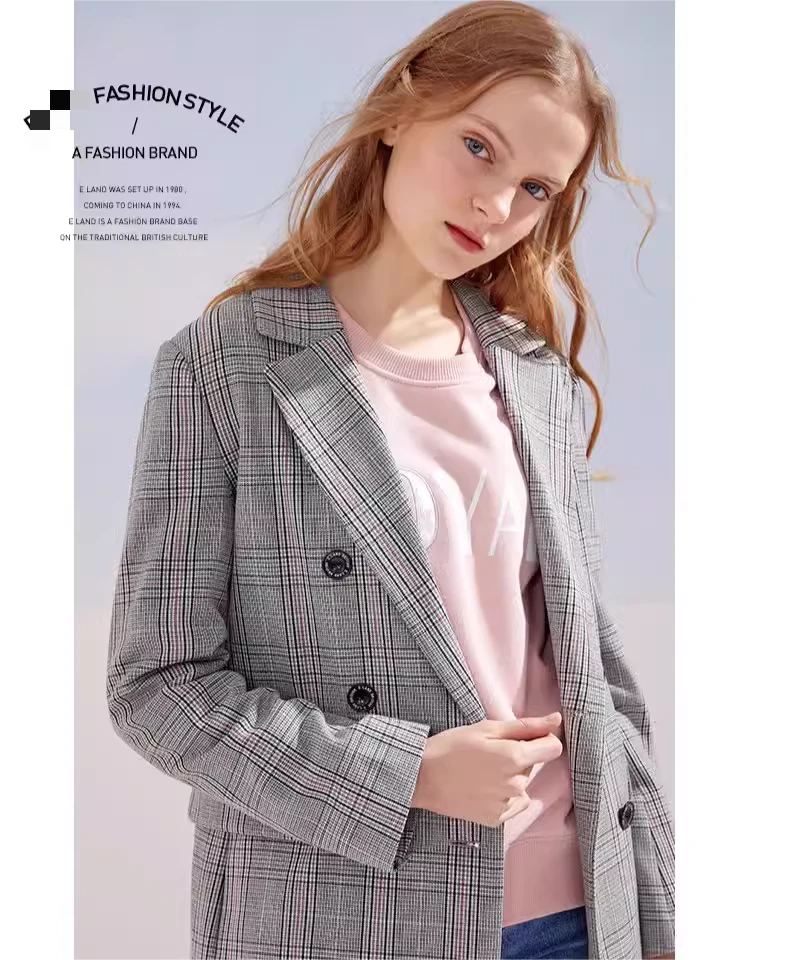 0060正品EEJK911H2M春夏秋女款格纹双排扣西装外套简约通勤