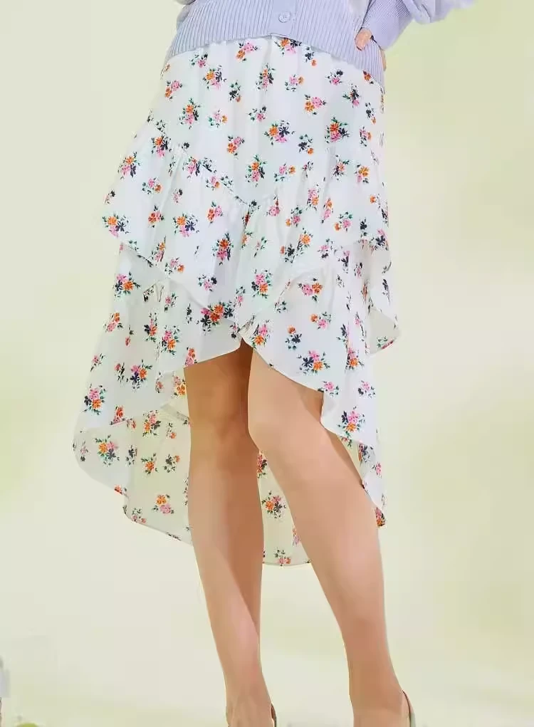 0006正品EEWHB25W1M夏季女款松紧腰雪纺不规则碎花半身裙