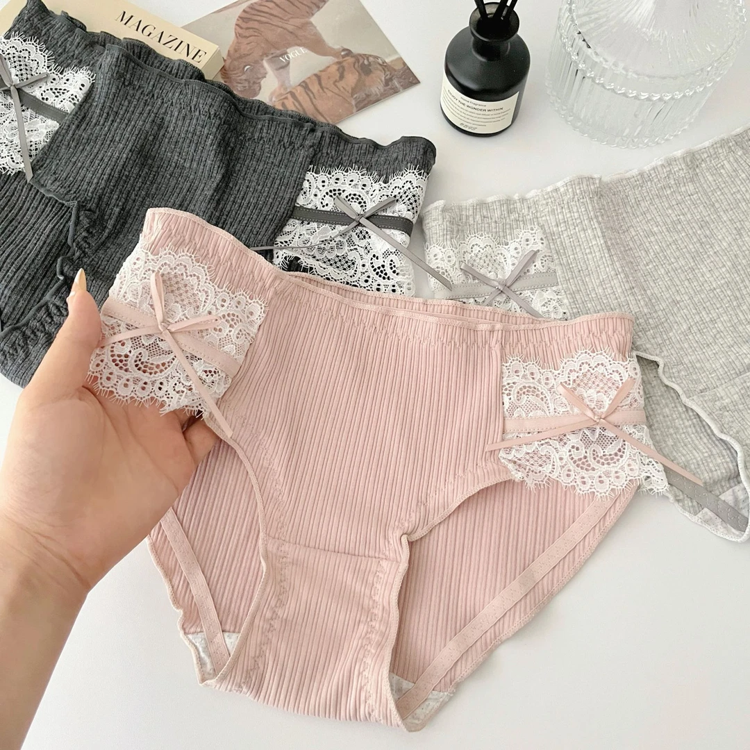 日系纯欲蝴蝶结甜美少女蕾丝内裤女款纯棉全棉裆性感中腰三角裤头
