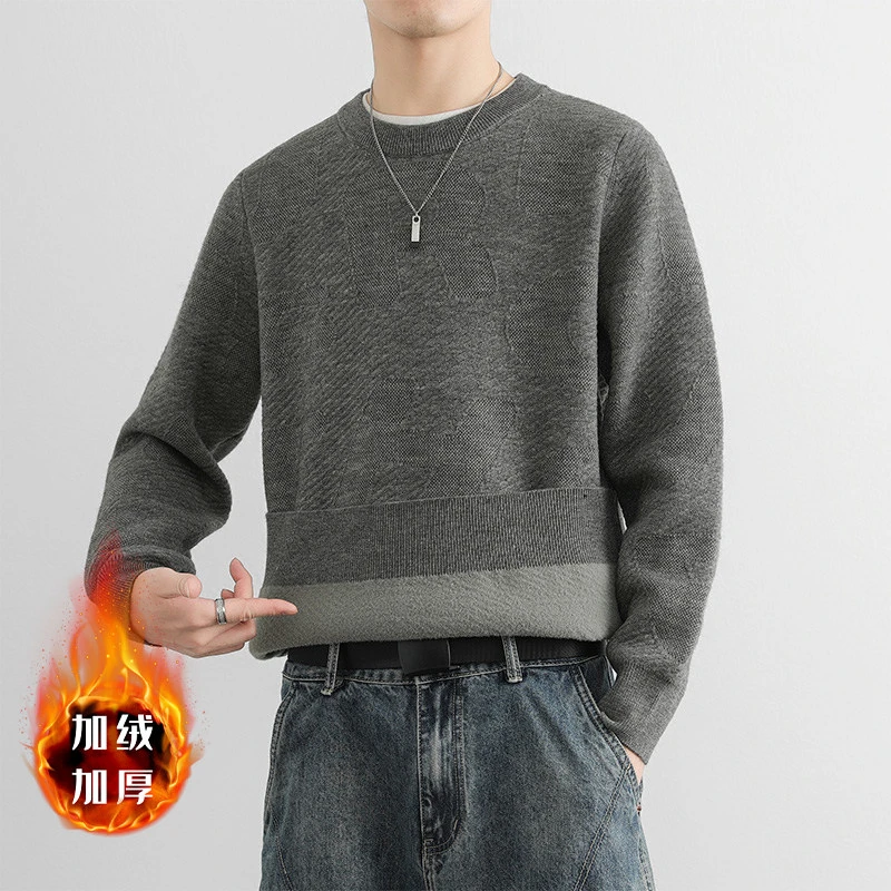 2024秋冬季青少年男士加绒加厚时尚宽松毛衣休闲针织衫CWG2426-1