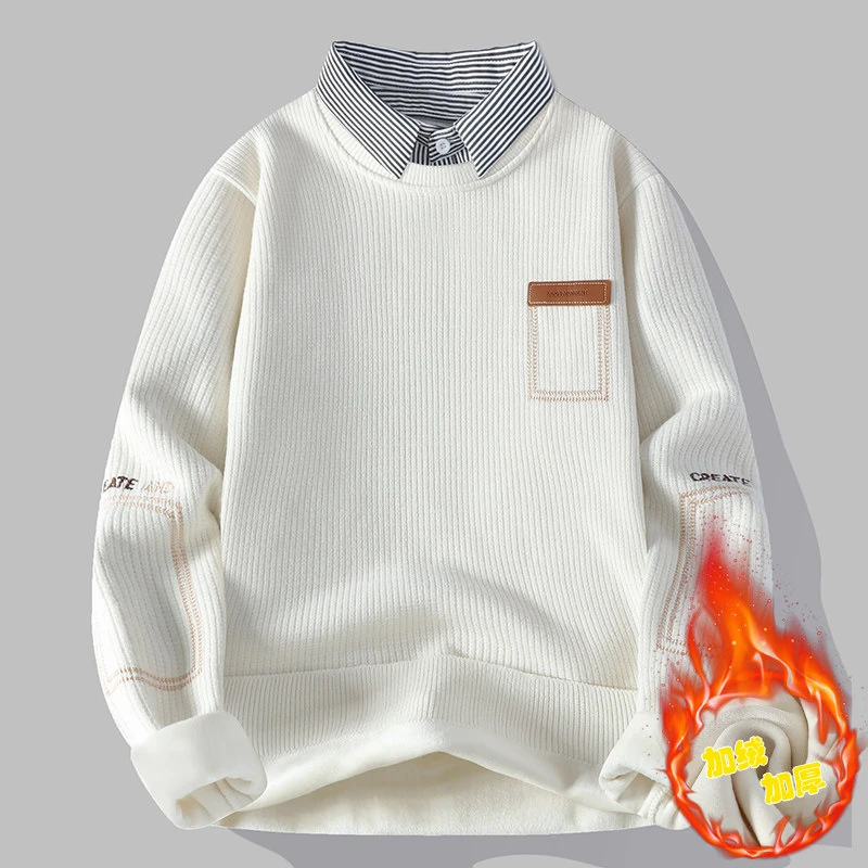 2024冬季加厚一体绒男士衬衫领休闲卫衣保暖舒适假两件毛衣潮980