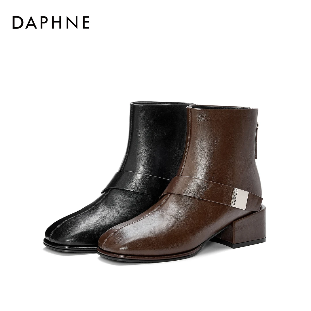 达芙妮秋冬2024爆款时尚高跟短靴百搭粗跟高智淡人气质潮流马丁靴