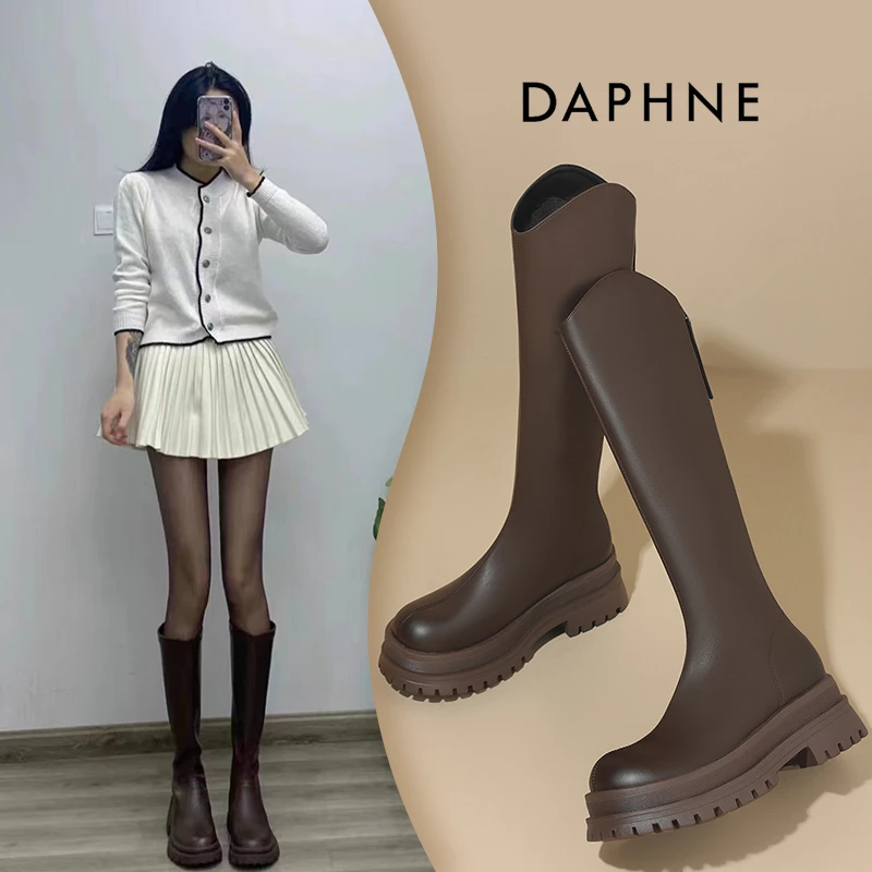 达芙妮2025春季新款时装靴厚底高筒靴小个子女靴加绒加厚防寒骑士