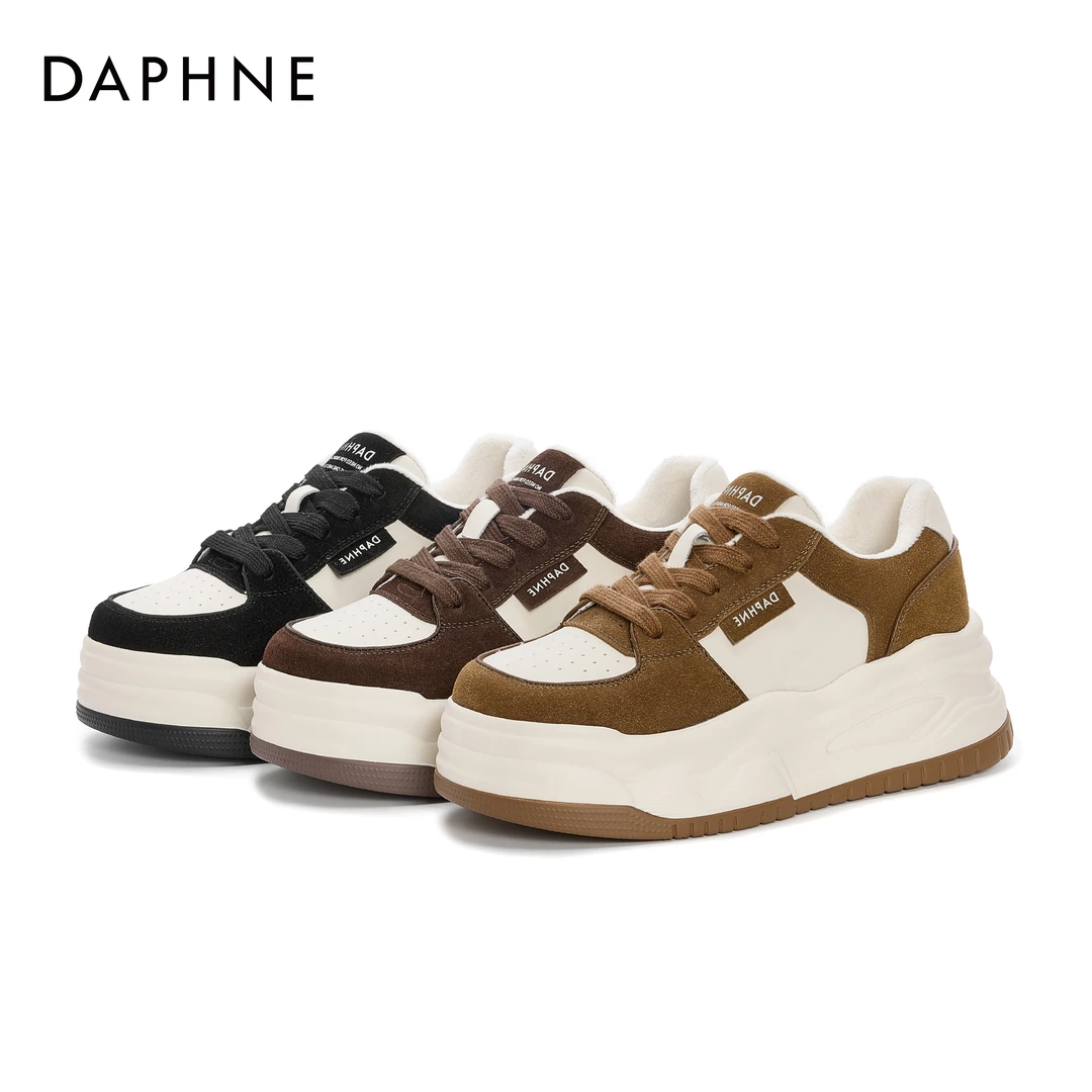 达芙妮新款厚底休闲板鞋2024秋冬复古增高时尚加绒拼色系带运动鞋