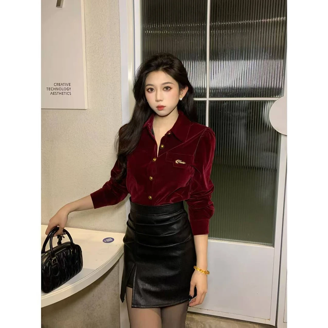 【A0362】ins洋气百搭小众气质显瘦小香风长袖时尚衬衣+短裙