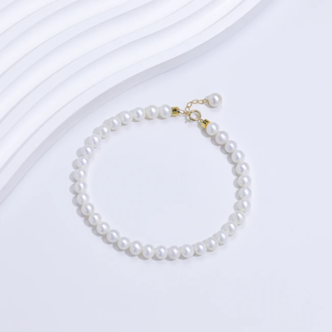 天然淡水珍珠手链4-5mm正圆冷白极强光完美无暇18K金镶嵌