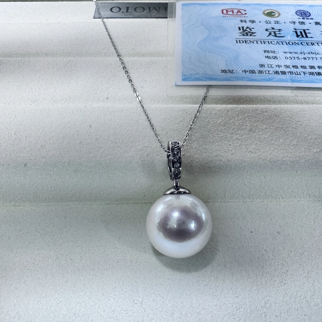 13-14mm淡水珍珠吊坠正圆冷白S925银镶嵌