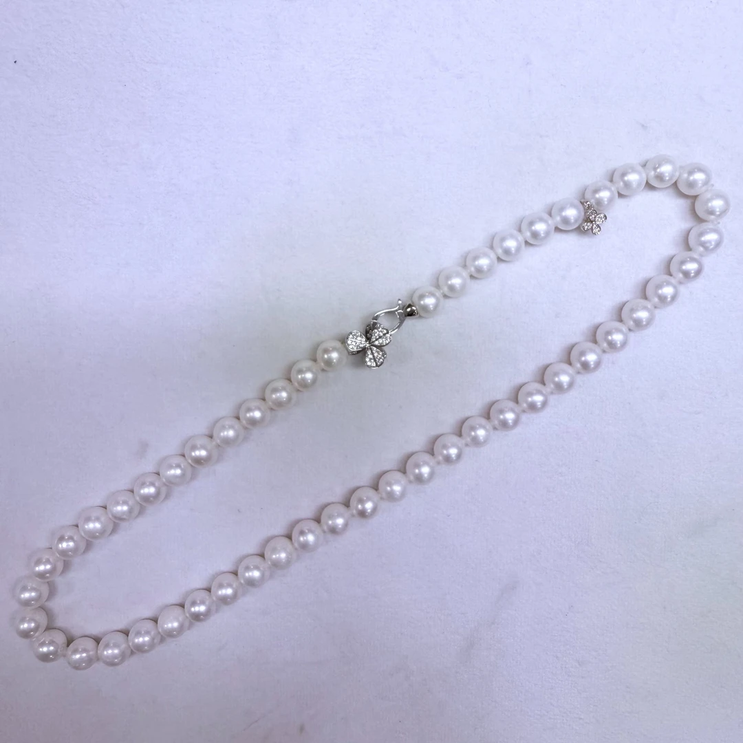 （三叶草扣）8-9mm天然淡水珍珠项链冷白珠光S925银镶嵌