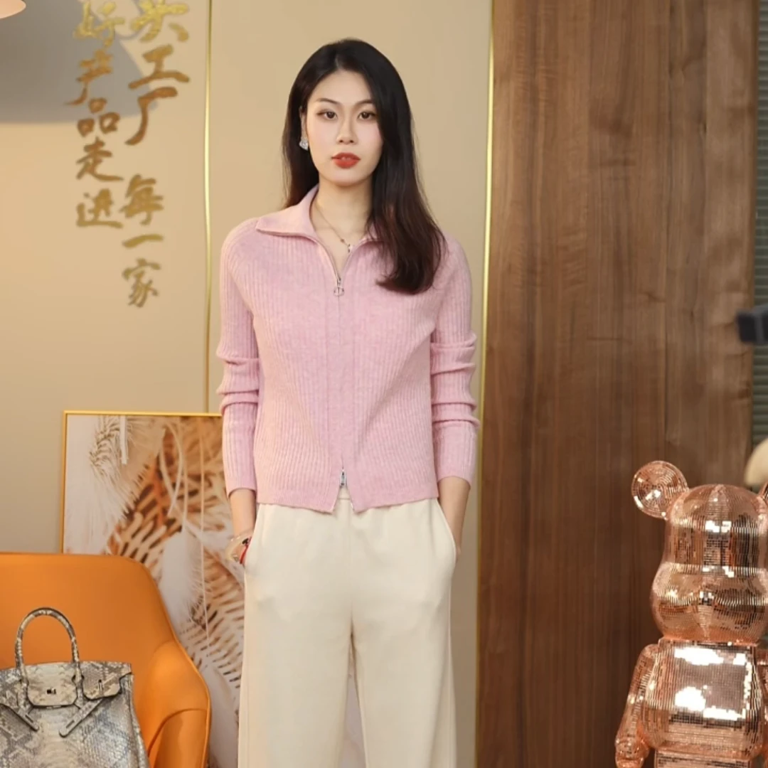 2025春夏新款现货100%绵羊毛立领纯色显瘦保暖开衫针织外套女长袖