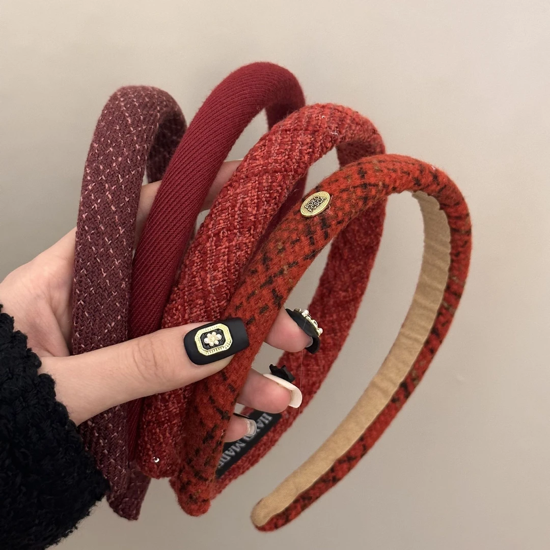 显白新年红!格纹毛呢发箍!复古红色头箍本命年发捆高级感细发卡