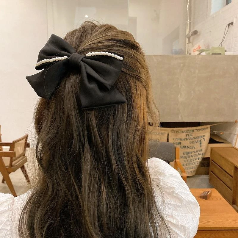 网红发夹女冬后脑勺蝴蝶结黑色紫色发饰珠珠头饰仙气夹发卡夹子
