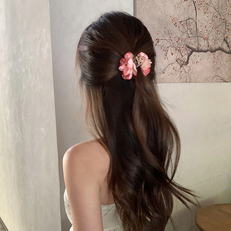 新中式复古玫瑰花朵抓夹侧边发夹女后脑勺头花发饰半扎发发抓头饰