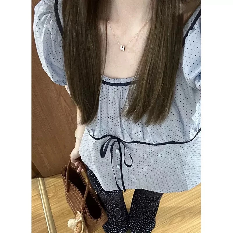 法式甜美泡泡袖蓝色短袖衬衫女夏季高级感奶系温柔娃娃衫波点上衣