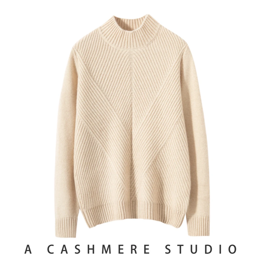 100山羊绒女半高领席编双股加厚针织打底长袖套头毛衣QN107