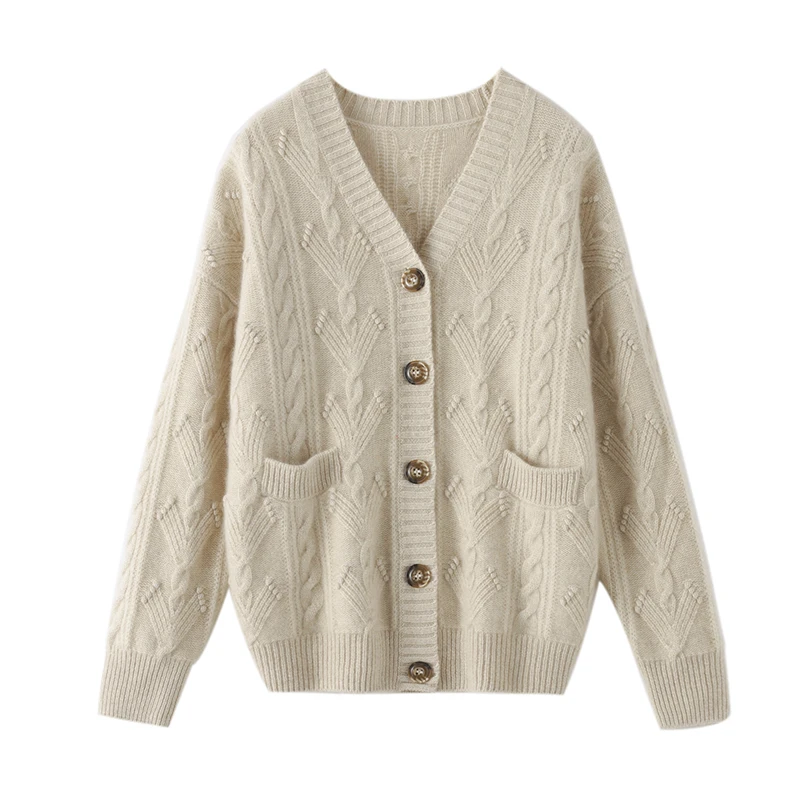 轻愉【百花齐放】100纯山羊绒衫女士V领重磅加厚针织衫扭花毛衣外套