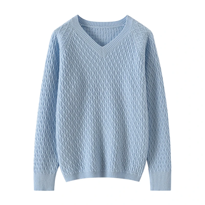 100纯山羊绒女士V领轻奢菱形格纹宽松套头针织钩花打底长袖毛衣