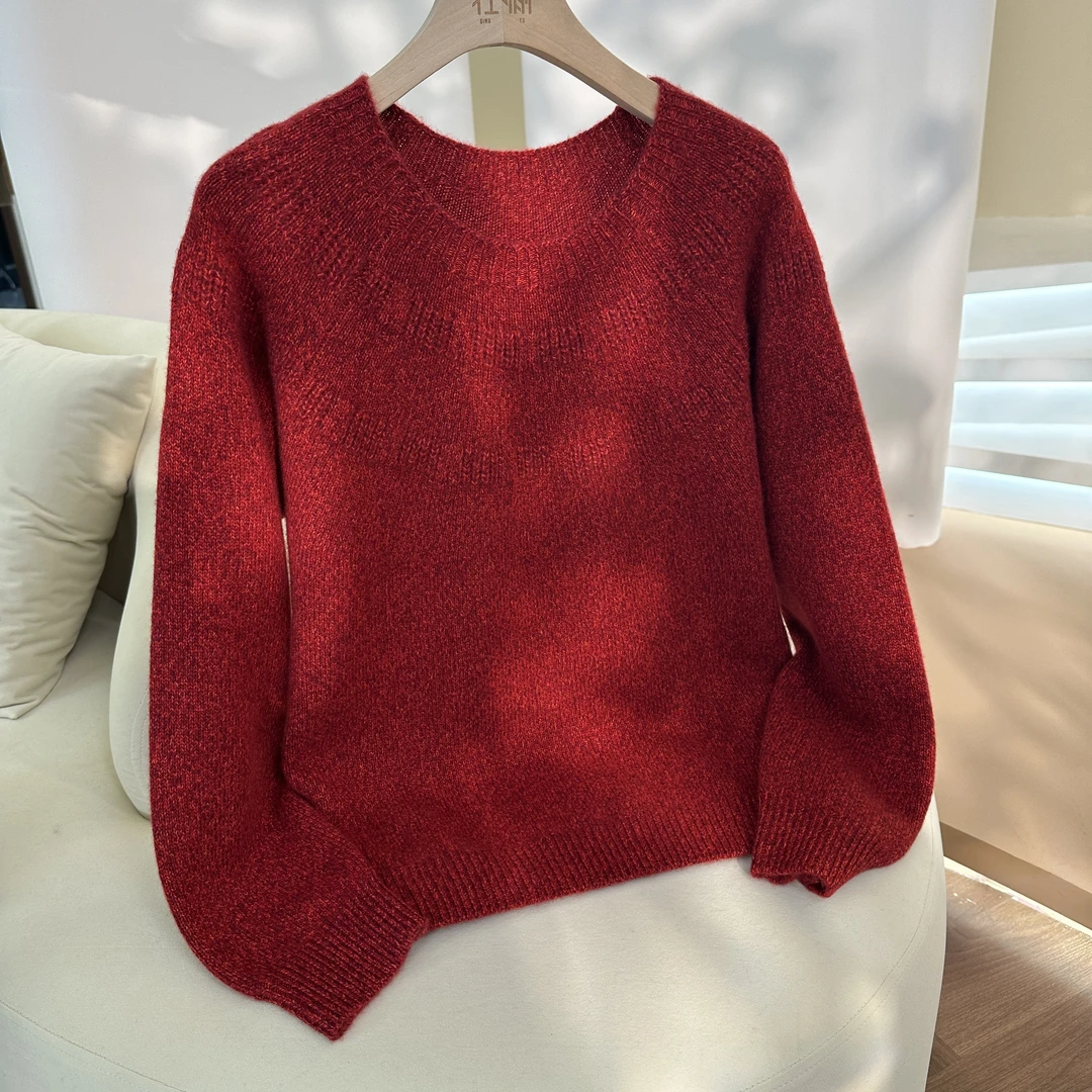 康赛妮合股花纱100羊绒衫女士加厚圆领针织打底衫套头毛衣