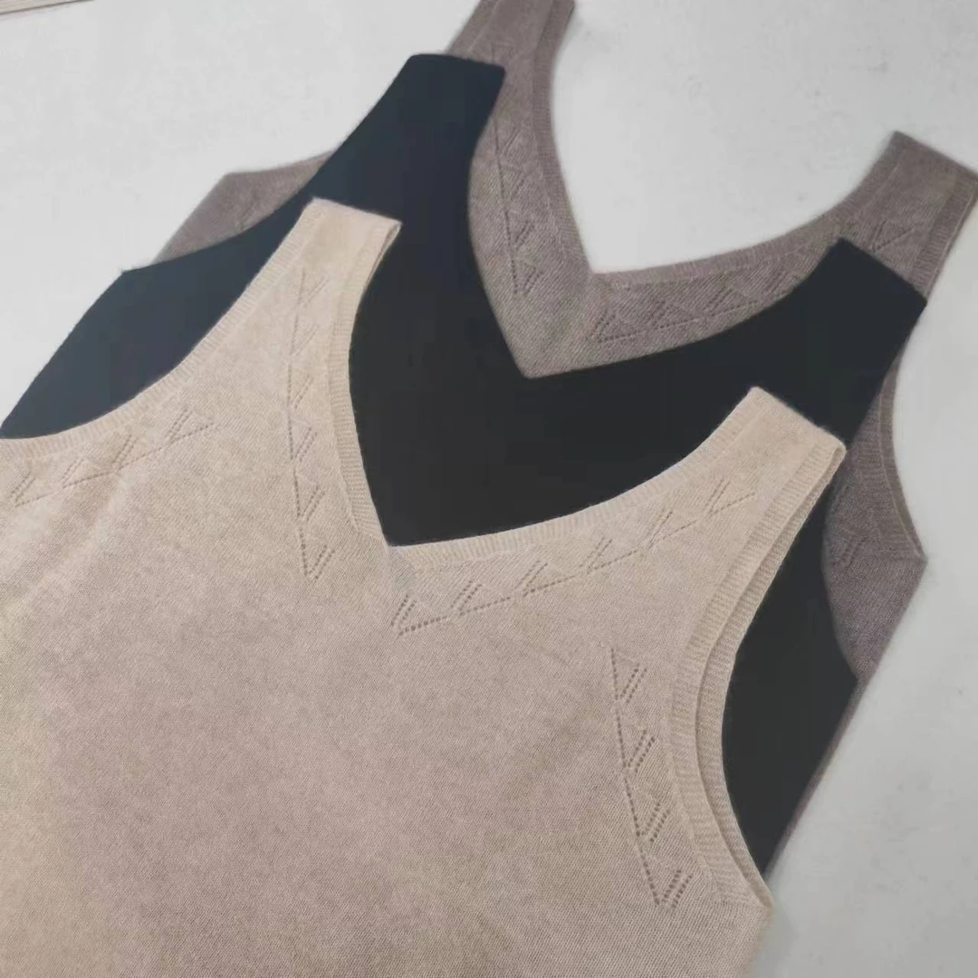 【无缝一线成衣】纯山羊绒吊带背心女前后双V领针织衫内搭上衣