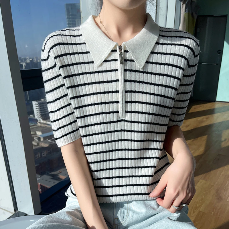 扬子纱精纺新款POLO领拉链套头精纺短袖休闲上衣针织衫女