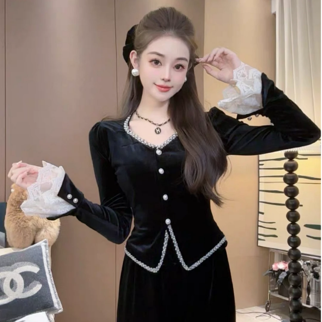 2025春款法式时尚轻奢百搭显瘦蕾丝拼接高级感爆款长袖黑色外套