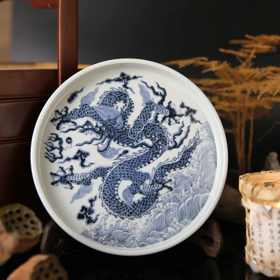 景德镇陶瓷手工手绘茶具仿明海水龙纹壶承茶盘高档礼盒装