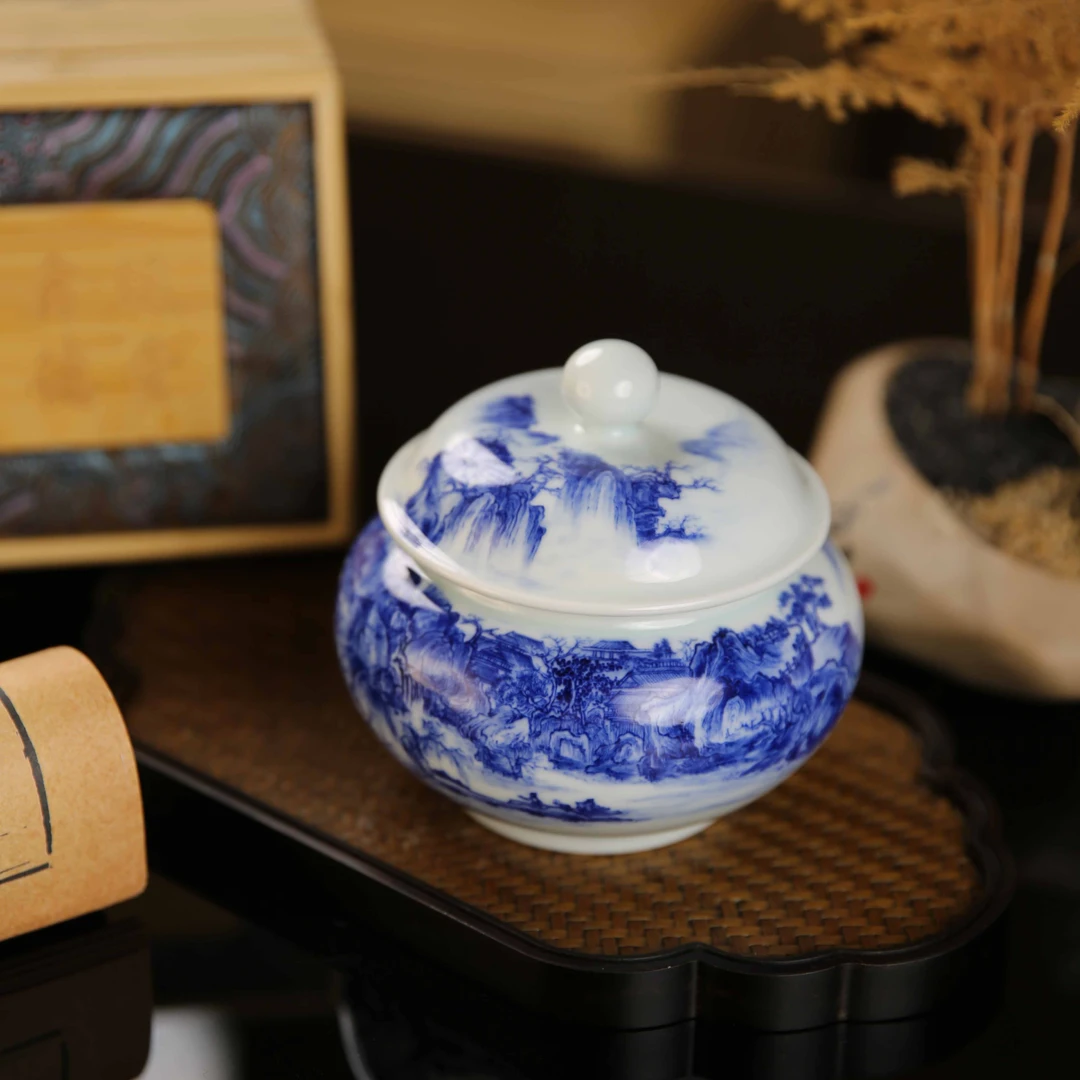 景德镇陶瓷青花山水手工手绘小茶叶罐家用高档茶器礼盒装