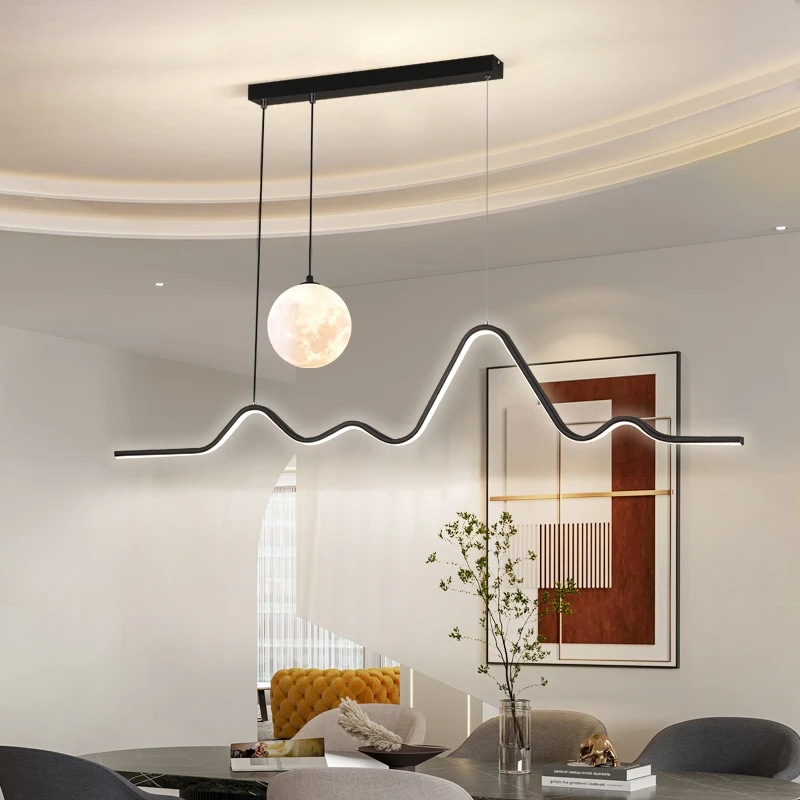 餐厅吊灯现代简约奶油风餐桌吧台灯创意艺术月球极简长条饭厅灯具