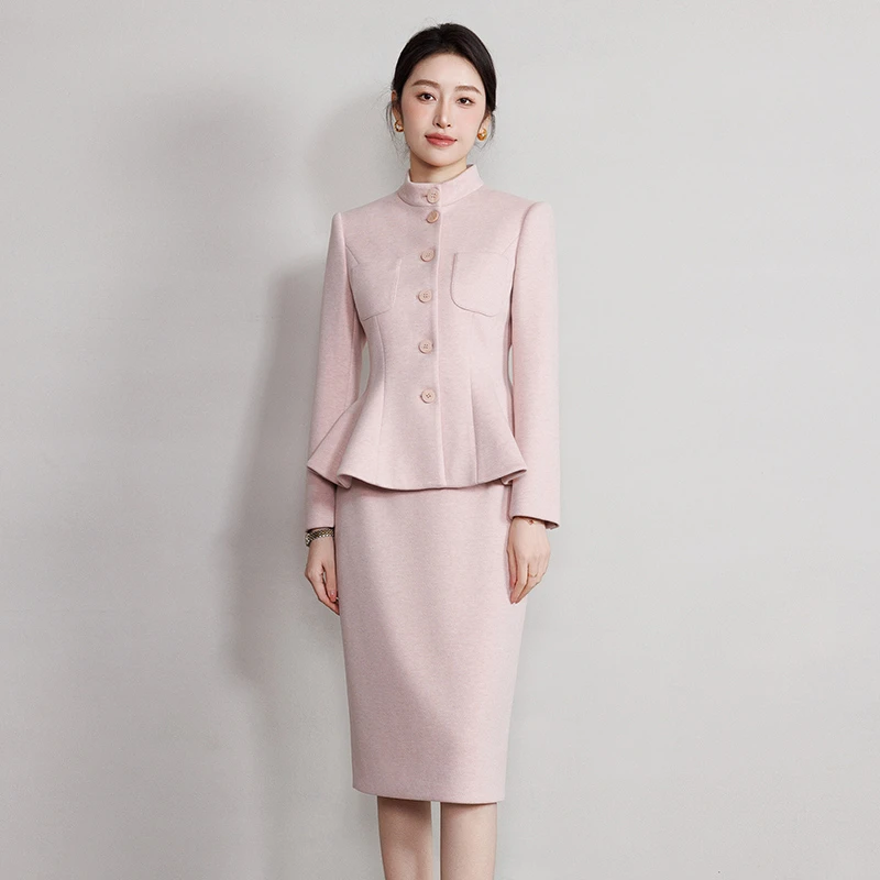钟老板 粉色雪尼尔西装外套女秋冬新款高级感气质职业通勤套装裙