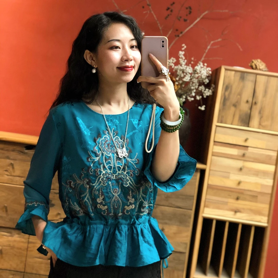 【羊在在】2023春夏新品民族风国风原创重工刺绣气质小衫衬衫SY579