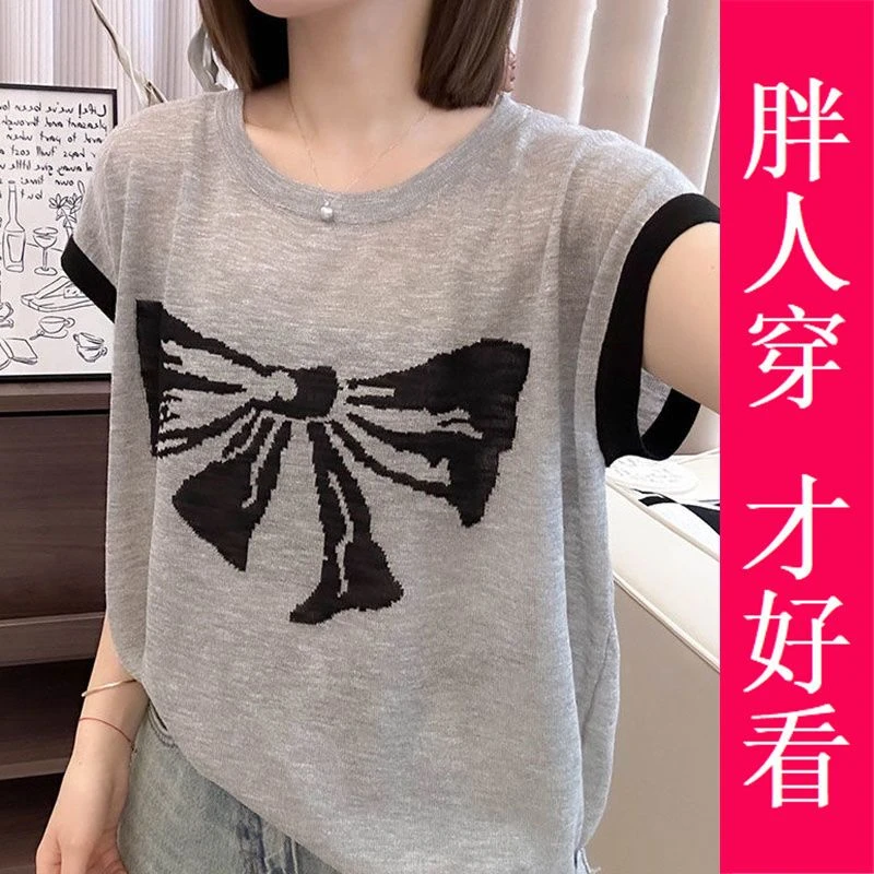 蝴蝶结薄款超好看t恤短袖2024新款夏季大码女装洋气冰丝针织上衣