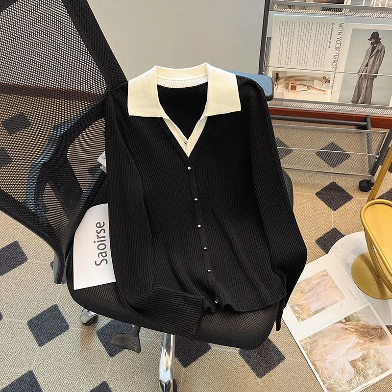 假两件polo领露锁骨打底衫灰色上衣撞色洋气休闲时尚毛衣秋季气质