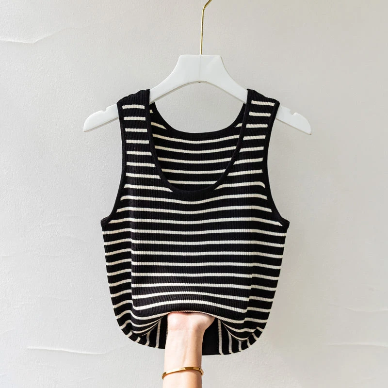 冰丝吊带背心女夏外穿法式条纹U型领无袖上衣打底衫