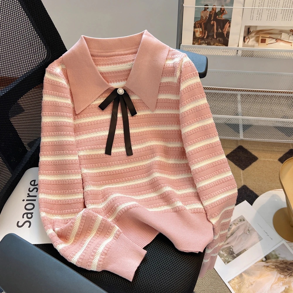 宽松显瘦【80-200斤】洋派娃娃领针织上衣女秋冬条纹毛衣打底衫潮