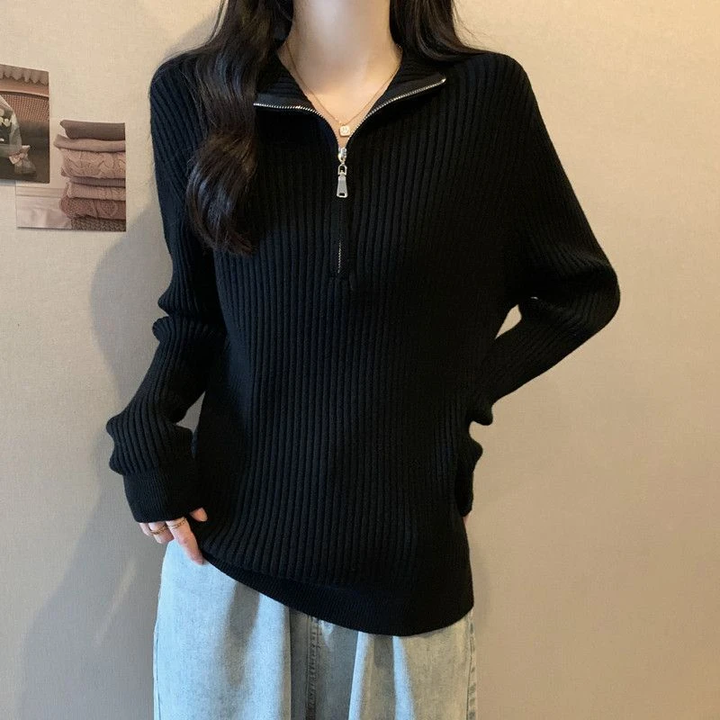 大码黑色POLO领内搭可外穿长袖针织衫女秋冬季胖mm时尚打底衫上衣